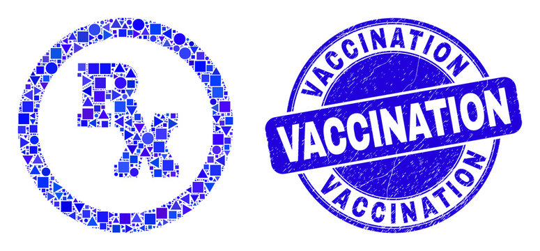 Geometric RX receipt symbol mosaic pictogram and Vaccination seal. Blue vector round textured seal with Vaccination phrase. Abstract mosaic of RX receipt symbol constructed of round, tringle,
