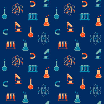 Science seamless pattern with the symbols of science, laboratory and chemistry. Repetitive vector illustration. 