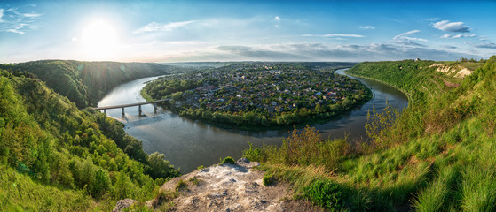 Panorama of Zalishchyky and the Dniester River from the high bank. Ukraine.