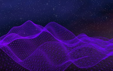 Fototapeta premium Abstract ultraviolet landscape on a dark background. Purple cyberspace grid. hi tech network. Outer space. Violet starry outer space texture. 3D illustration
