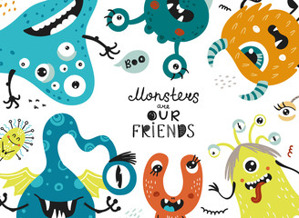 Vector background with scary funny monsters