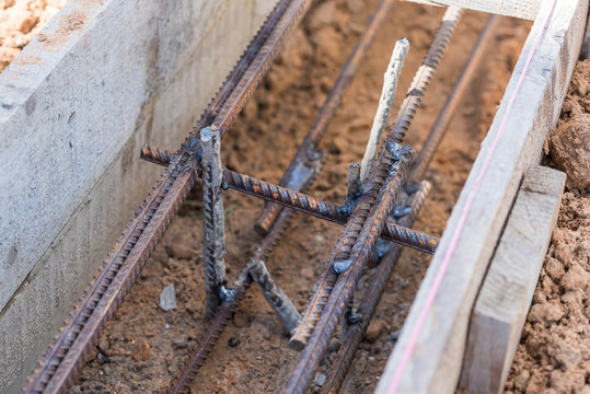 Armature in the formwork for the foundation. Building construction
