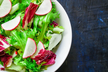 Healthy salad, leaves mix salad (mix micro greens, vegetable snack). food background, copy space for text keto or paleo diet 