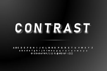 Vector condensed original design of black and white alphabet font, a set of characters. Easy control of sample color.