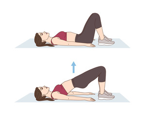 A woman is doing sports exercises. Buttock bridge. Workout for the buttocks. Fitness for weight loss.