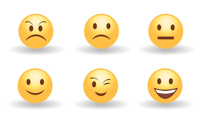 Set of six yellow cute happy smiling, sad, angry, suprised and neutral emoticons. Faces emotions. Facial expression, mood. 3d emoji. Funny cartoon character. Web icon. Vector eps10 illustration