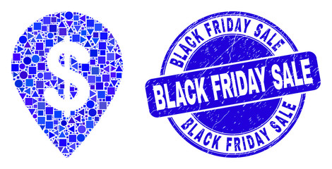 Geometric dollar map marker mosaic pictogram and Black Friday Sale seal stamp. Blue vector round scratched seal with Black Friday Sale phrase. Abstract mosaic of dollar map marker created of round,