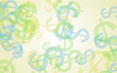 Multicolored translucent dollar signs on white background. 3D illustration