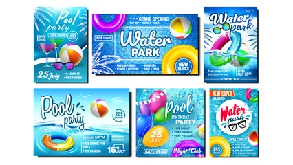 Deurstickers Water Park And Pool Party Promo Banners Set Vector. Collection Of Advertising Posters With Inflatable Lifebuoy And Ball, Sunglasses And Cocktail Drink. Aquapark Colored Concept Template Illustrations © PikePicture