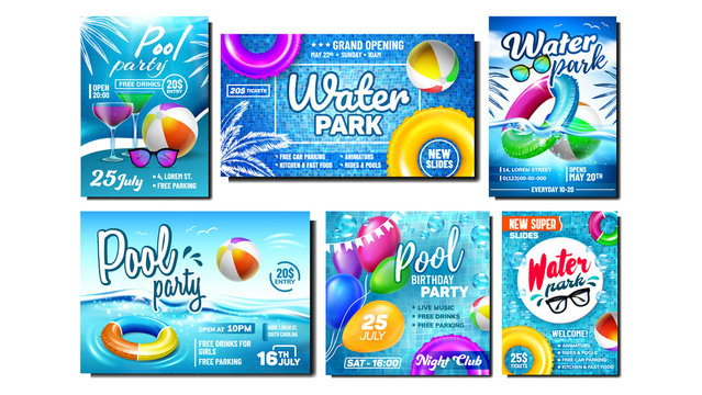 Water Park And Pool Party Promo Banners Set Vector. Collection Of Advertising Posters With Inflatable Lifebuoy And Ball, Sunglasses And Cocktail Drink. Aquapark Colored Concept Template Illustrations