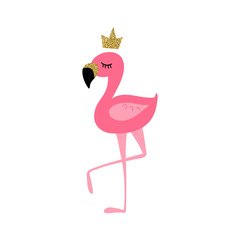 Cute cartoon flamingo with golden glitter beak and crown isolated on white background. Flat vector illustration.