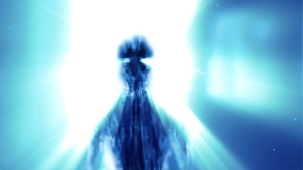 Creepy alien humanoid silhouette in rays of light standing in doorway.