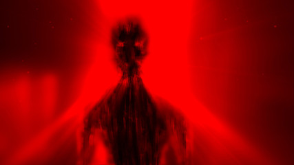 Alien monster silhouette in rays of light standing in doorway.