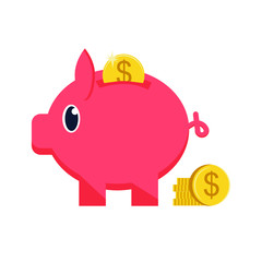 Piggy bank with money, a stack of coins. Deposit. Cartoon vector illustration