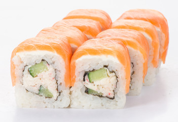 Tasty fresh sushi rolls isolated on white background. Japanese cousine, asian food. Seafood, fish, rice