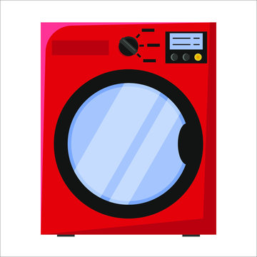 Colored Wash Machine, Red Washer. Flat Cartoon Style Vector Illustration