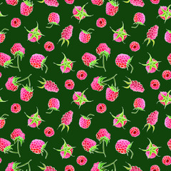 Seamless pattern with raspberries on a green background. Cartoon style. Stock illustration.