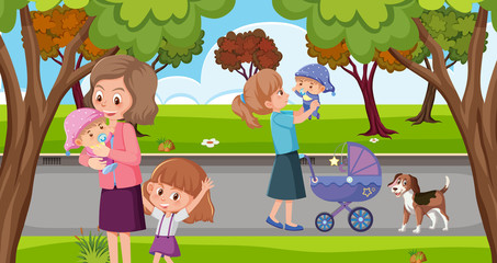 Scene with moms and kids in the park