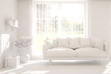 White minimalist living room with sofa. Scandinavian interior design. 3D illustration