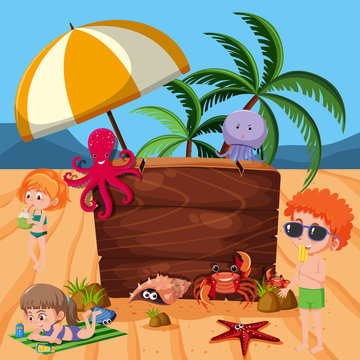 Wooden board template with sea creatures and kids in background
