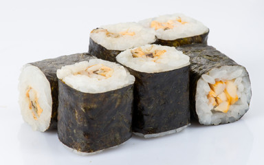 Tasty fresh sushi rolls isolated on white background. Japanese cousine, asian food. Seafood, fish, rice