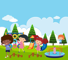 Obraz na płótnie Canvas Scene with many kids playing in the park