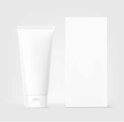 Blank plastic tube for cosmetics with cardboard box mockup. Front view. Vector illustration on grey background. Can be use for your design, advertising, promo and etc. EPS10.	