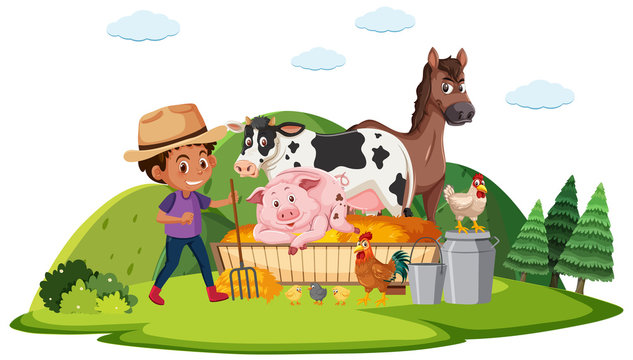 Farm scene with farmboy and many animals on the farm