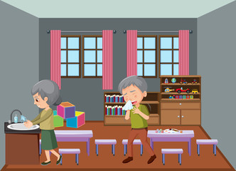 Background scene with old people staying at home