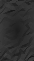 Black abstract background. Lowpoly backdrop. Gloomy crumpled paper. Vertical orientation. 3D illustration
