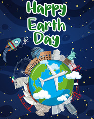 Earth day poster design with buildings on earth