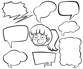 Doodle drawing of girl and speech bubbles on white background