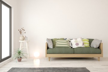 White living room with wooden sofa. Scandinavian interior design. 3D illustration