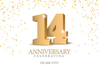 Anniversary 14. gold 3d numbers. Poster template for Celebrating 14th anniversary event party. Vector illustration - obrazy, fototapety, plakaty