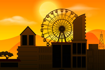 Background scene with sunset and silhouette city