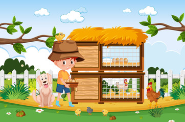 Farm scene with farmboy and chickens on the farm