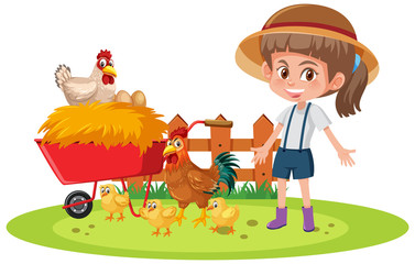 Fototapeta premium Scene with farmgirl and many chickens on white background