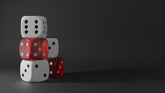 Stack of white and transparent red dices on black background. Casino and gambling concept. 3D rendering image.