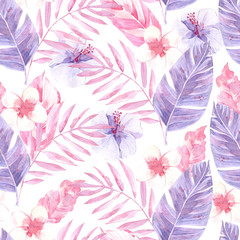 Watercolor seamless pattern with palm leaves and exotic leaves and flowers.