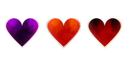 Multicolored set of romantic hearts in 3d. Gold, pink, red, purple, orange, pink and purple colors. Volumetric sign of heart. Happy Valentine's Day. Vector stock illustration. 