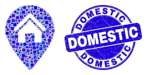 Obraz premium Geometric house map marker mosaic icon and Domestic seal stamp. Blue vector round distress seal with Domestic title. Abstract mosaic of house map marker designed of spheric, tringle,