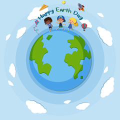 Fototapeta premium Poster design for happy earth day with children on earth