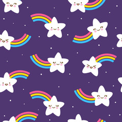 Fototapeta na wymiar Seamless pattern with cute little stars with rainbows on night sky - kawaii background for kids textile design