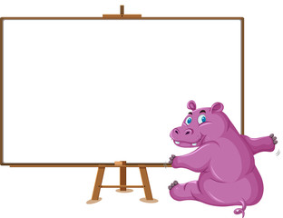 Hippo cartoon character and blank banner on white background