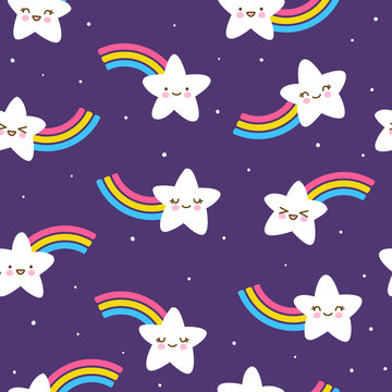 Seamless pattern with cute little stars with rainbows on night sky - kawaii background for kids textile design