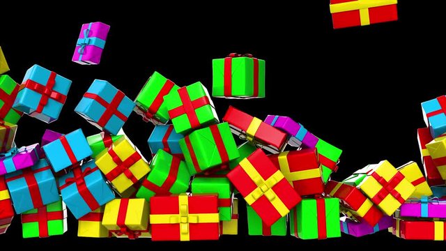Colored gift boxes wrapped with ribbons are falling on black background. 4K animation with alpha channel