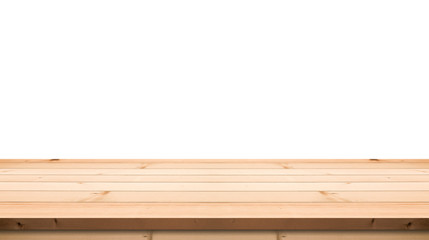 Empty table top  made with planks on isolated whitebackground die-cut with clipping parth for mock up your products
