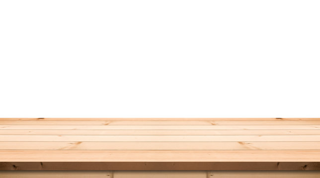Empty table top  made with planks on isolated whitebackground die-cut with clipping parth for mock up your products
