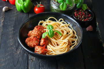 pasta spaghetti meatballs and tomato sauce Menu concept food background top view copy space