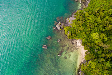 Sea Aerial Top View, beautiful Thailand sea nature background with copy space. Sand beach and bright blue water, drone photo from above.
